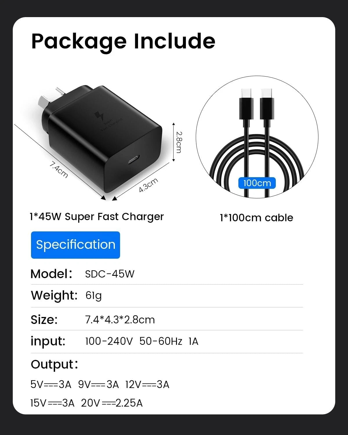 45W Super Fast Wall Charger w/Type-C Cable For Samsung Galaxy S21 22 S23 Ultra