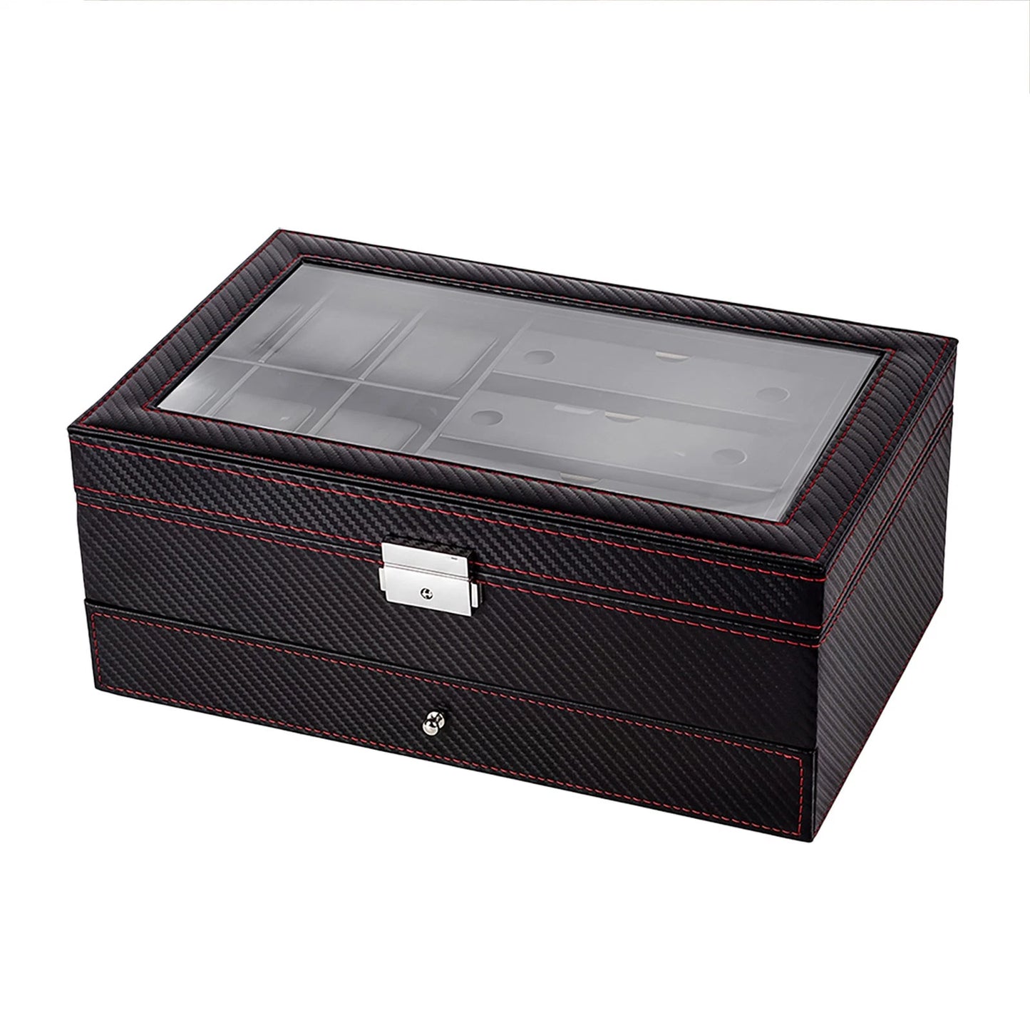 Watch Box 6 Slot Watch Case Jewelry Box PU Leather with Drawer Black