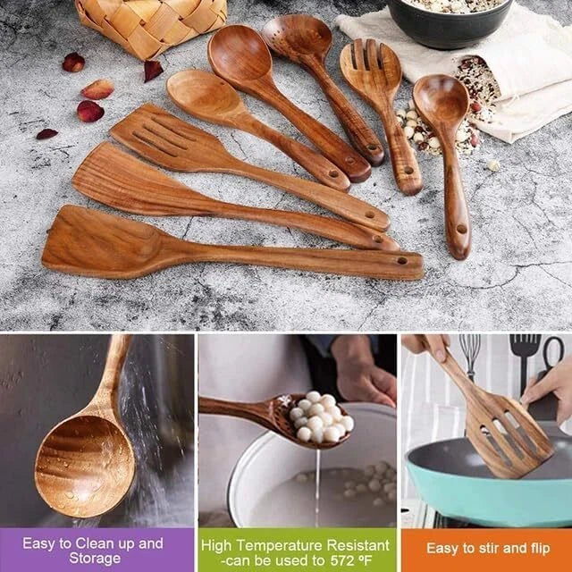Natural Wooden Kitchen Utensil with Spoon Rest Holder 9pcs Cooking Spoon Set
