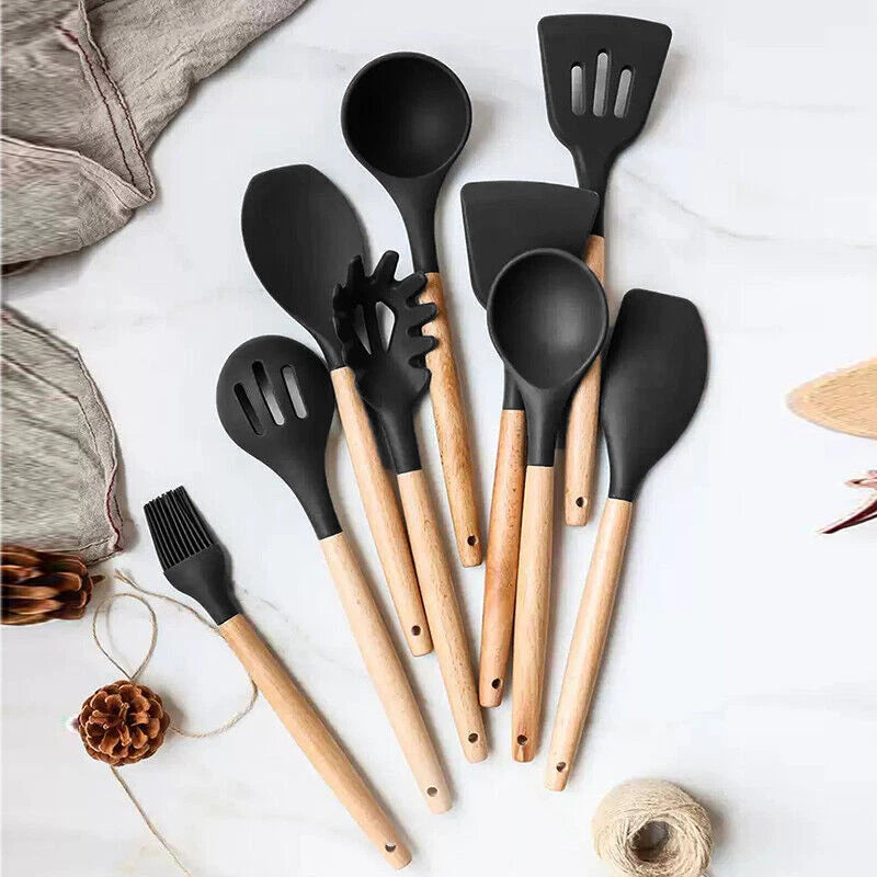 Set of 12 Silicone Utensils Set Wooden Cooking Kitchen Baking Cookware +2 Free