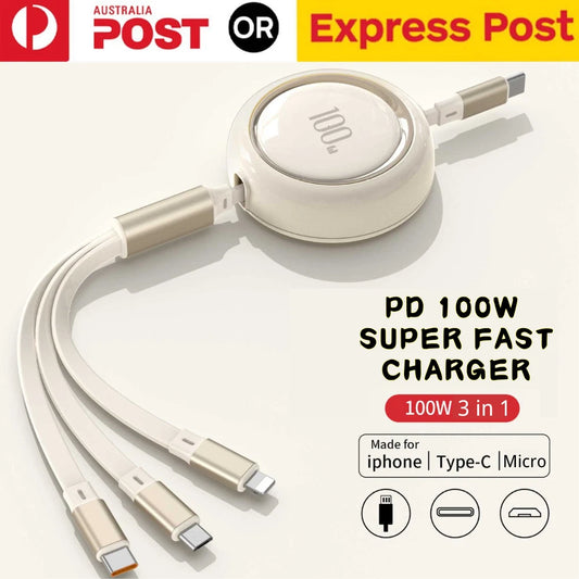Retractable PD 100W 3 in 1 USB Type-C Micro Fast Charging Cable Charger Cord