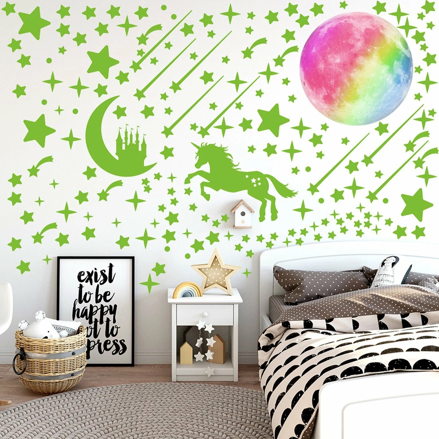 297pcs Glow In The Dark Rainbow Moon Stars  Unicorn Wall Sticker Kids Room Decor
