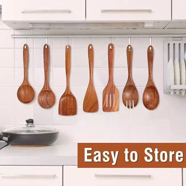 Natural Wooden Kitchen Utensil with Spoon Rest Holder 9pcs Cooking Spoon Set