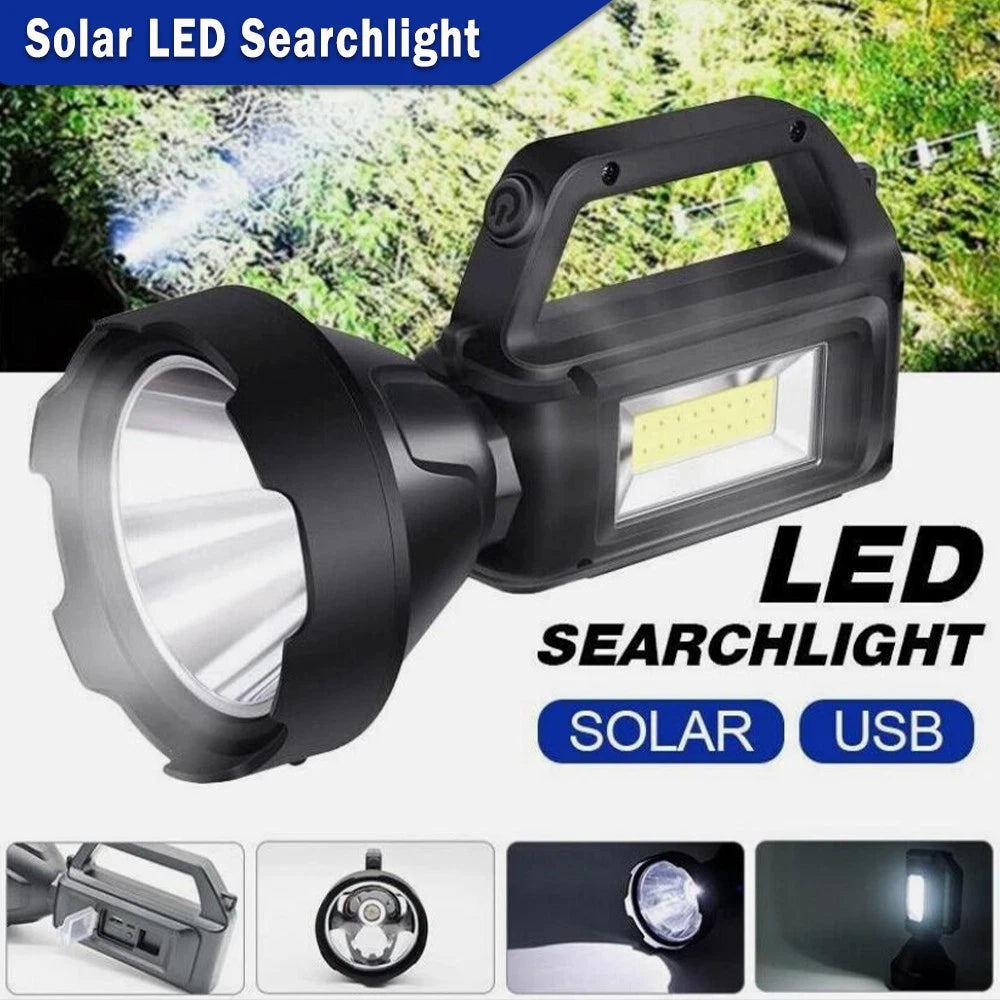 NEW Solar LED Searchlight USB Rechargeable Spotlight Flashlight Torch Power Bank