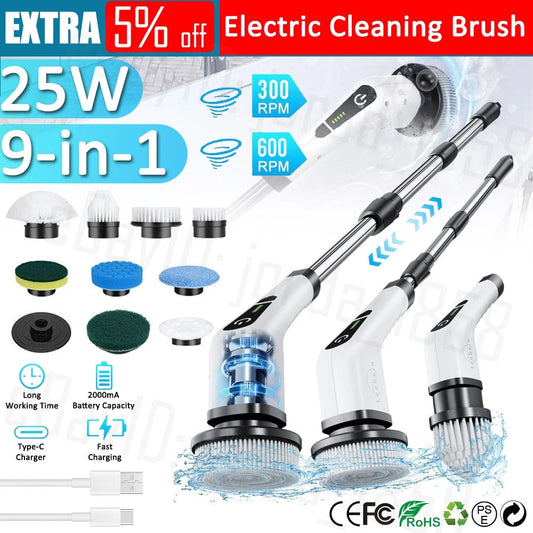 Rechargeable Cordless Spin Scrubber Electric Turbo Scrub Cleaning Brush 9 Heads
