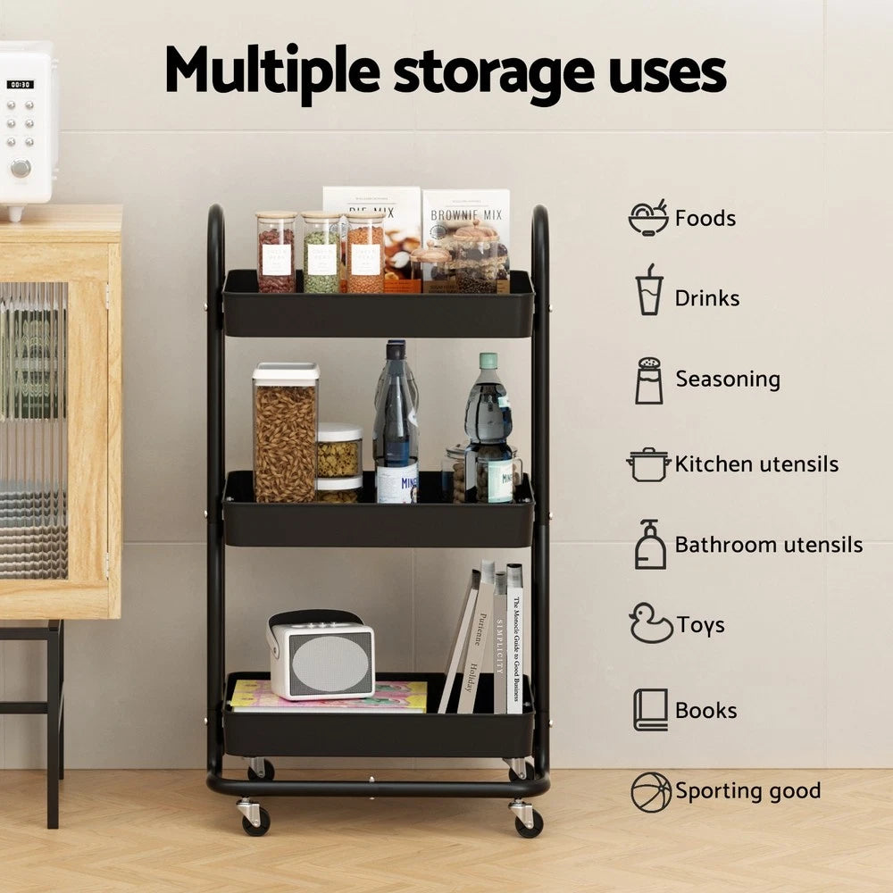 Artiss Storage Trolley Kitchen Cart 3 Tiers Rack Shelf Organiser Wheels Black