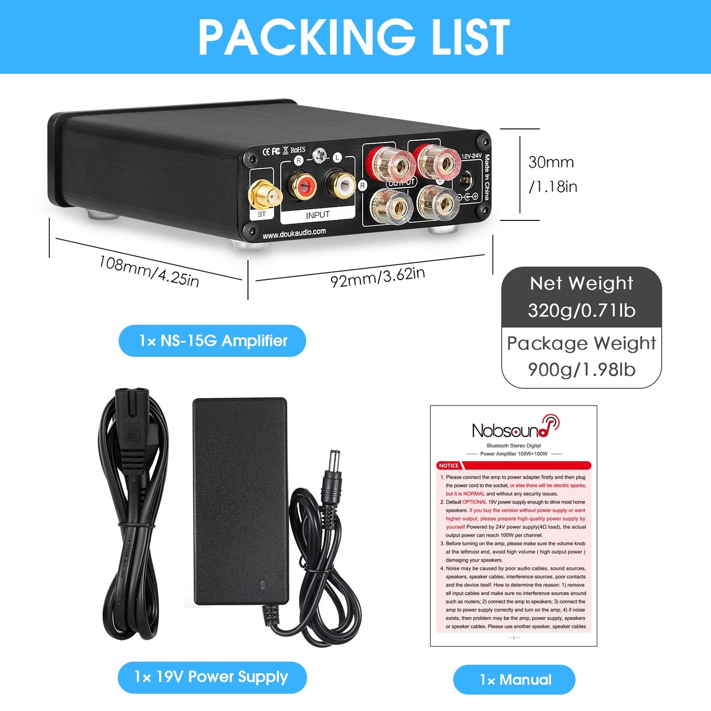 Nobsound Mini 200W Bluetooth Amplifier Hi-Fi Home Stereo Audio Digital Power Amp