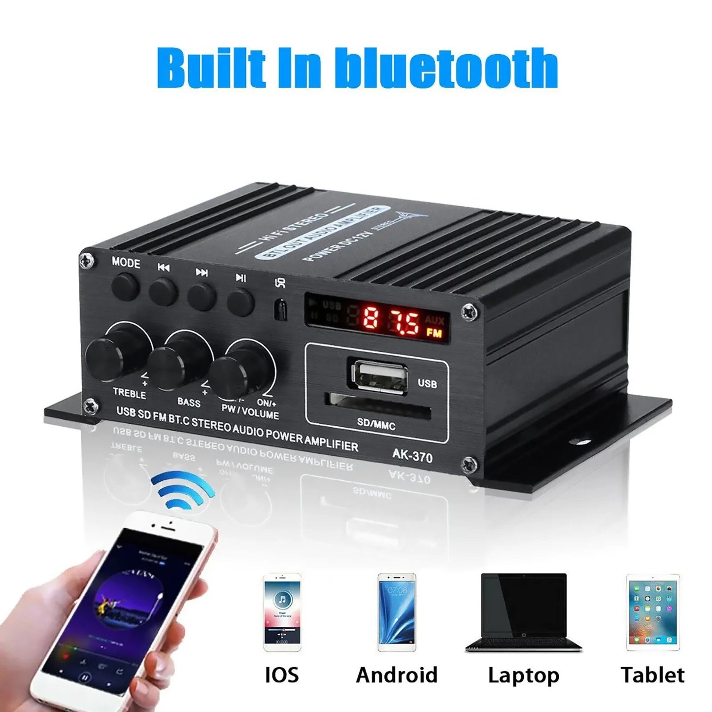 12V HiFi Bluetooth Power Amplifier Mini Stereo Audio FM Car Home AMP Remote 400W