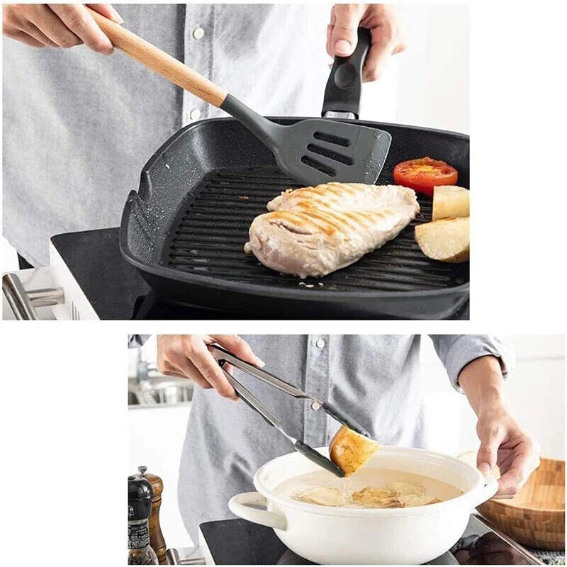 Set of 12 Silicone Utensils Set Wooden Cooking Kitchen Baking Cookware +2 Free