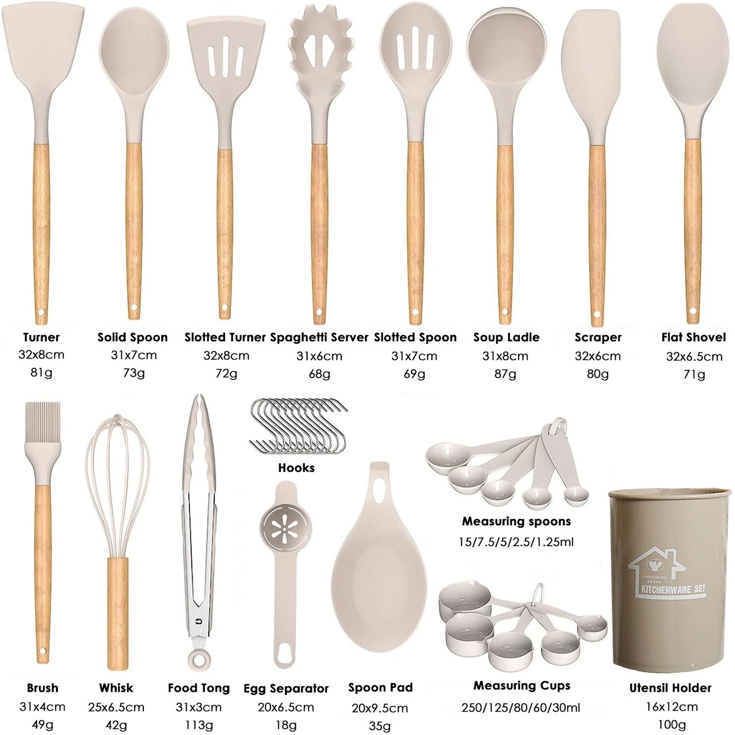 Set of 36 Silicone Utensils Set Wooden Cooking Kitchen Baking Cookware 2 Colours