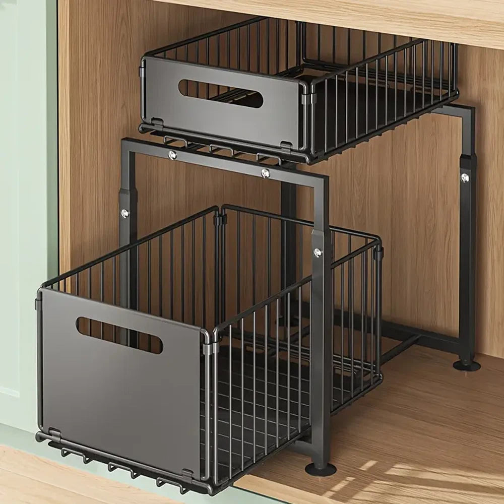 Large 2 Tier Pull Out Basket Kitchen Under Sink Cupboard Organiser Storage Rack