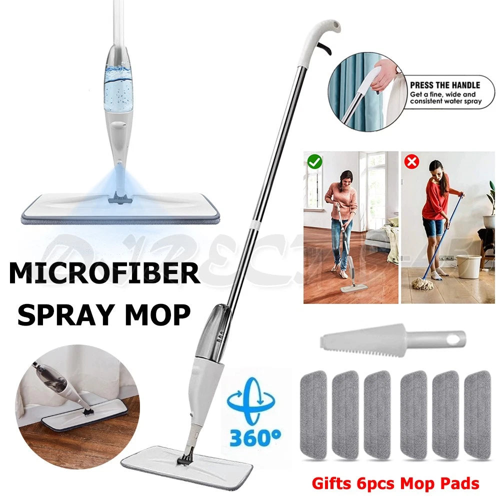 Spray Mop Microfibre Flat Mop Cleaner Floor Kitchen Bathroom Cleaner with 6 Mops
