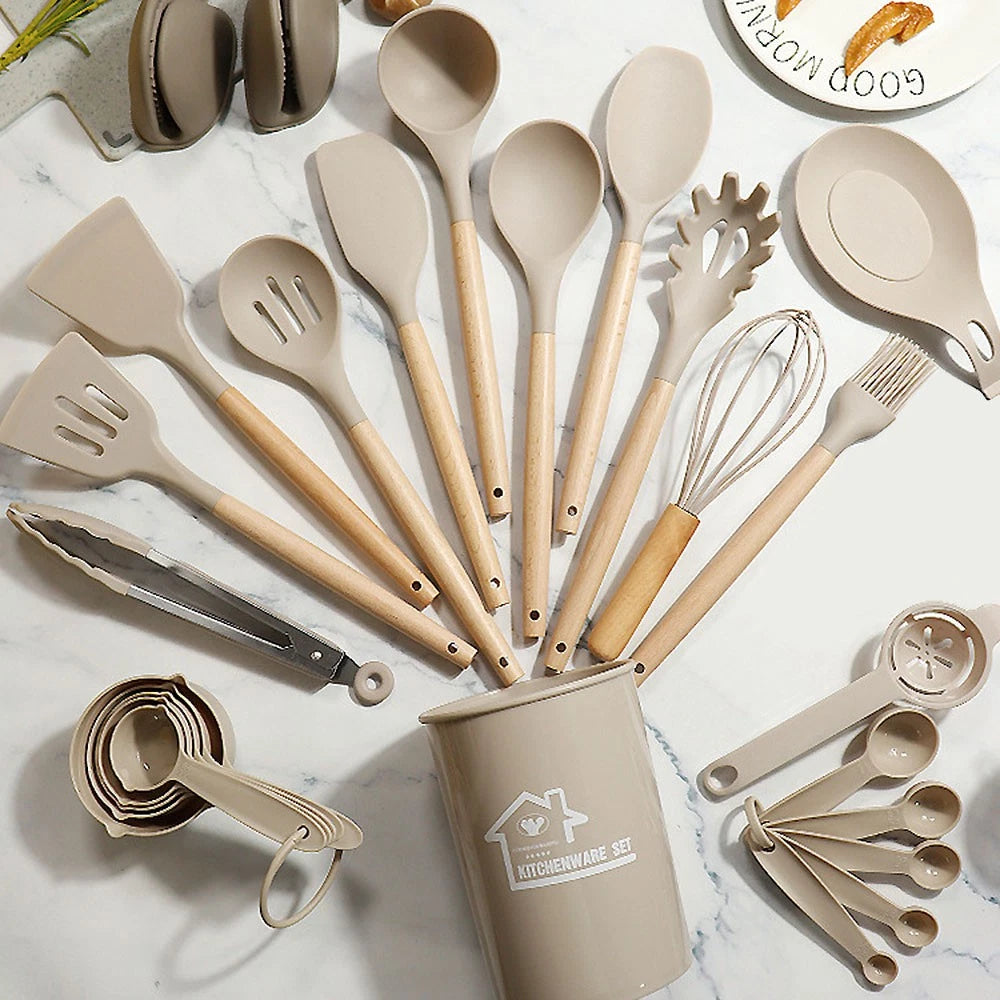 Set of 36 Silicone Utensils Set Wooden Cooking Kitchen Baking Cookware 2 Colours