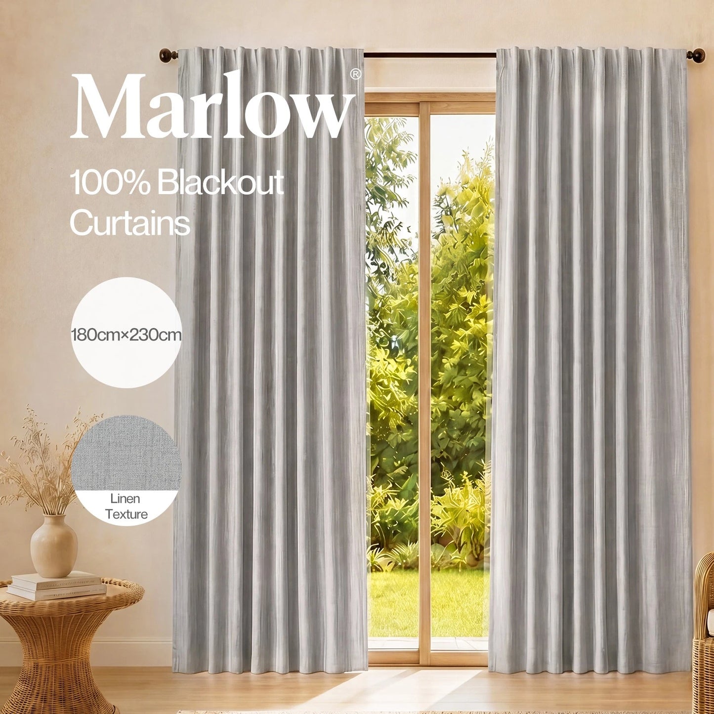 Marlow Blackout Curtains 2 Panels Thermal Linen Look Blockout Drapes 180 x 230cm