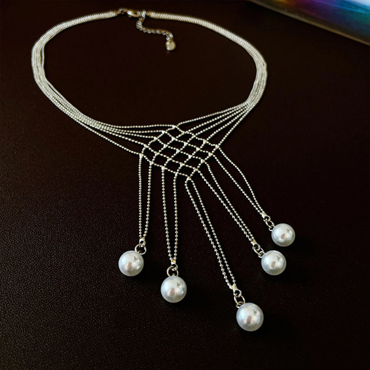 Hollow Imitation Pearl Fringe Multi Layer Necklace Fashion Jewellery for Women