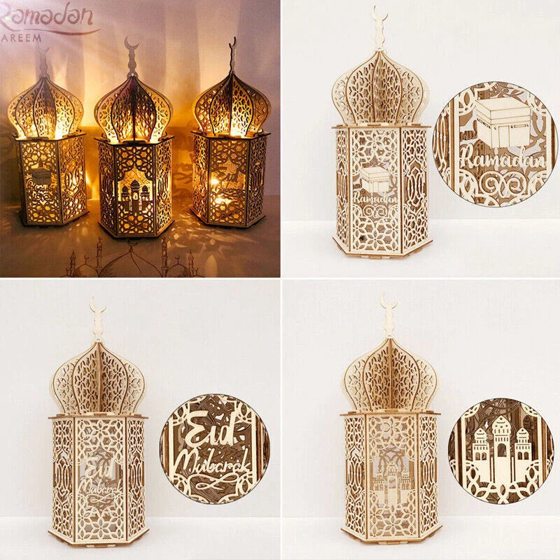 Eid Mubarak Muslim Led Night Lamp Ramadan Decoration Light Wooden Lantern Gift