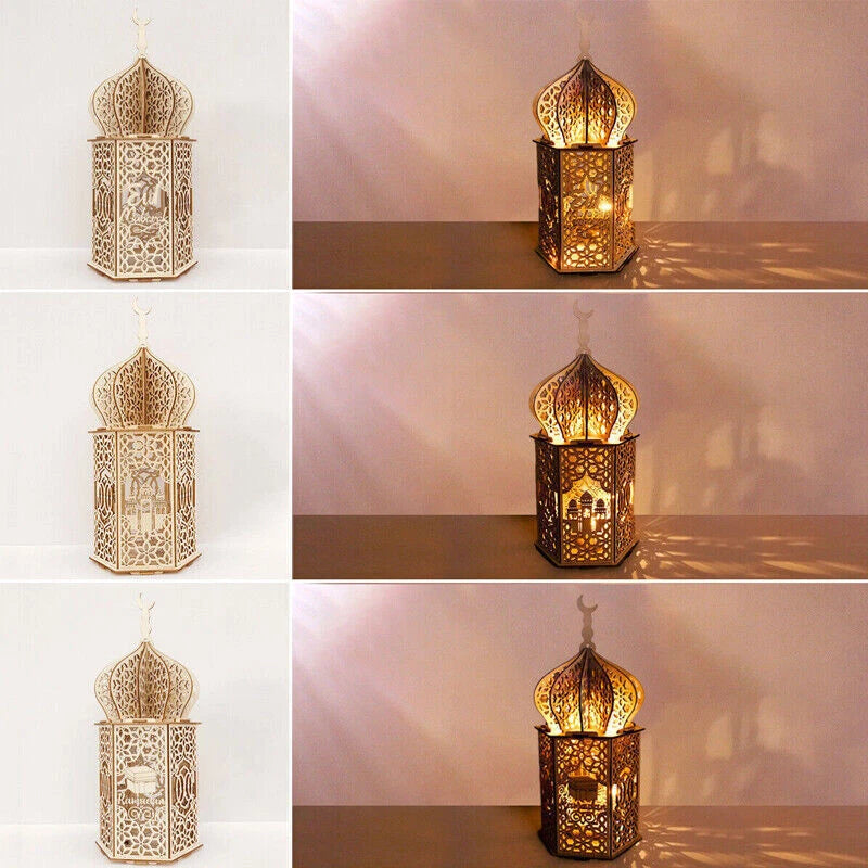 Eid Mubarak Muslim Led Night Lamp Ramadan Decoration Light Wooden Lantern Gift
