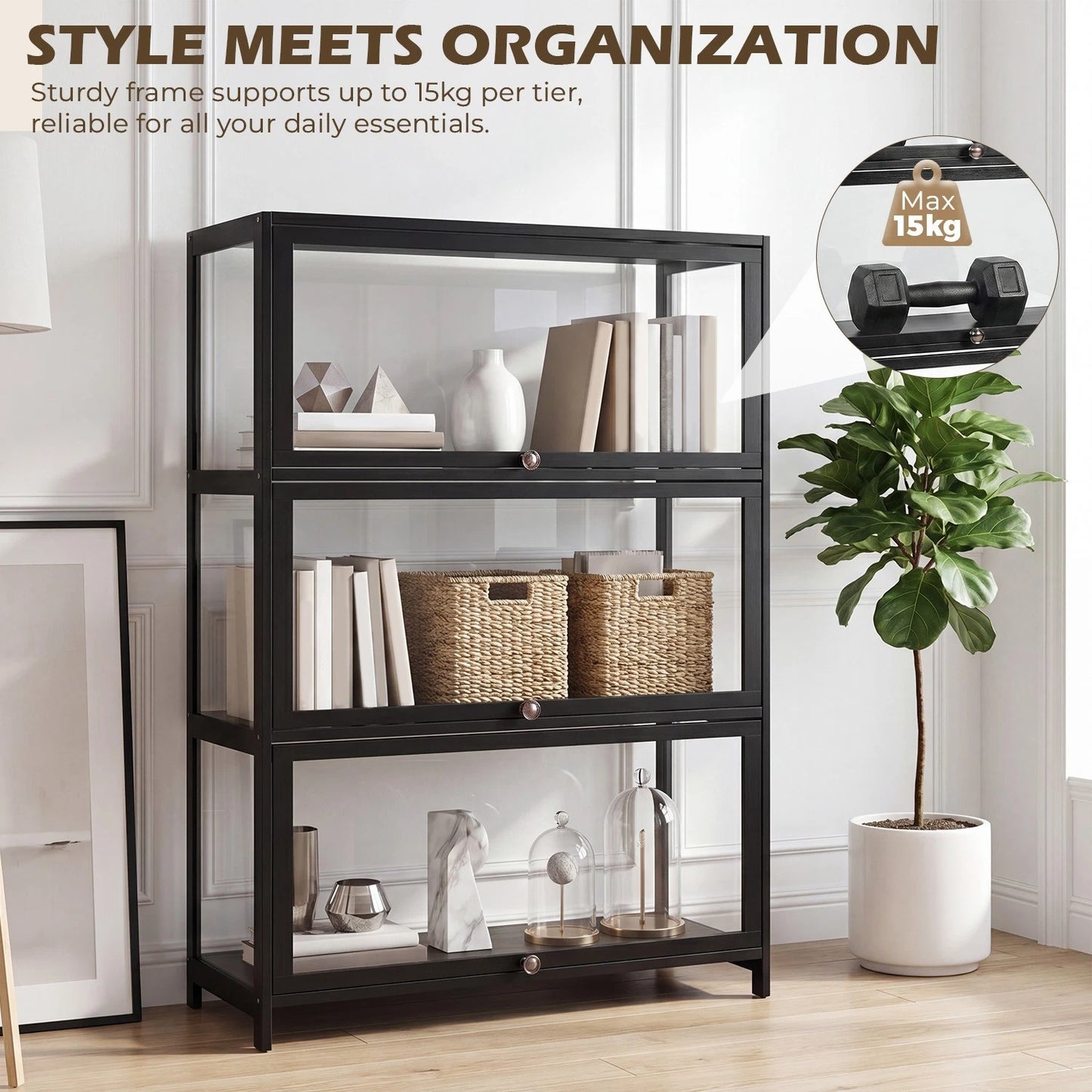Display Cabinet Storage Shelves Clear Bookcase Wine Wood Rack Stand 3/4/5 Tier