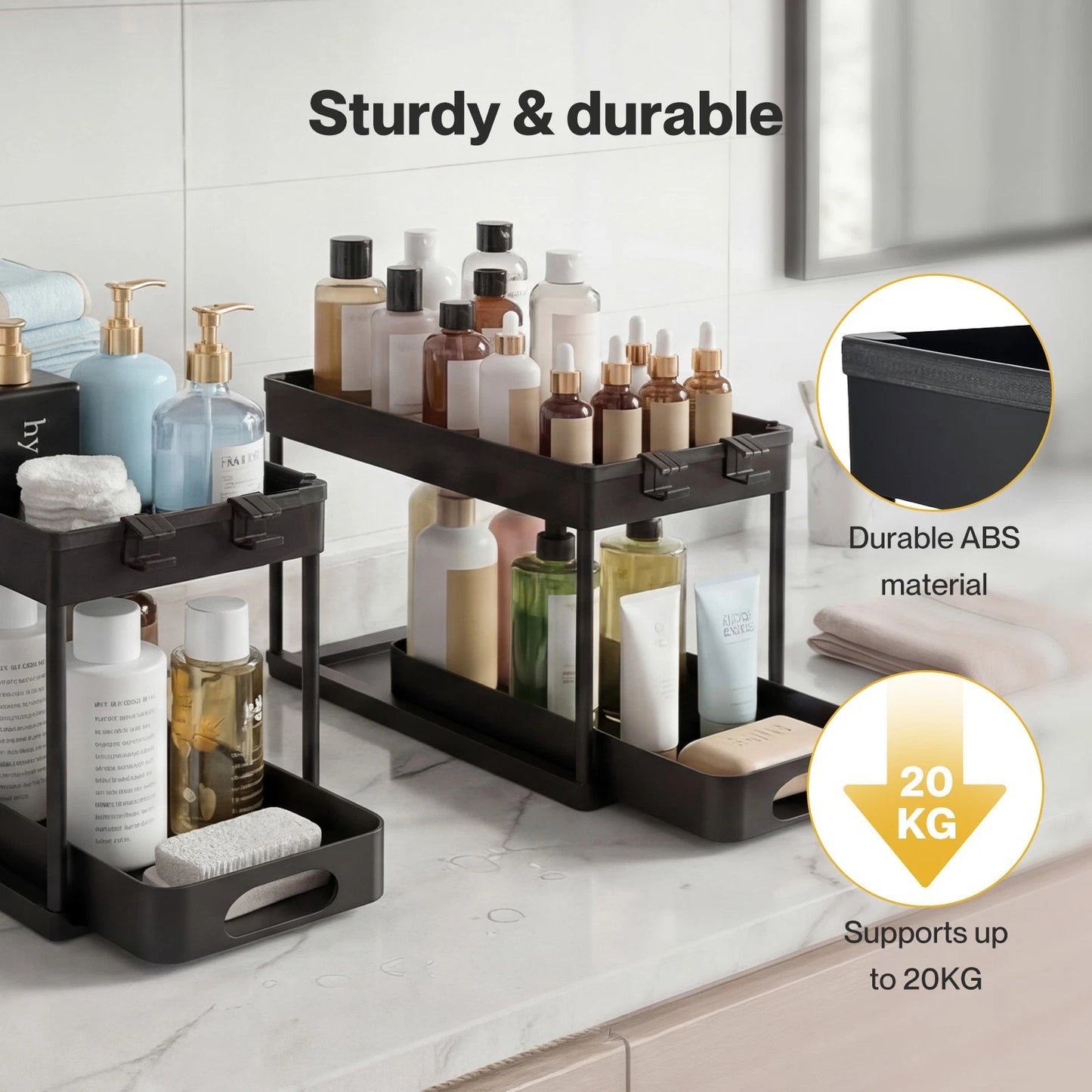 Toque 2 x Under Sink Organizer 2 Tiers Storage Sliding Drainage Kitchen Bathroom
