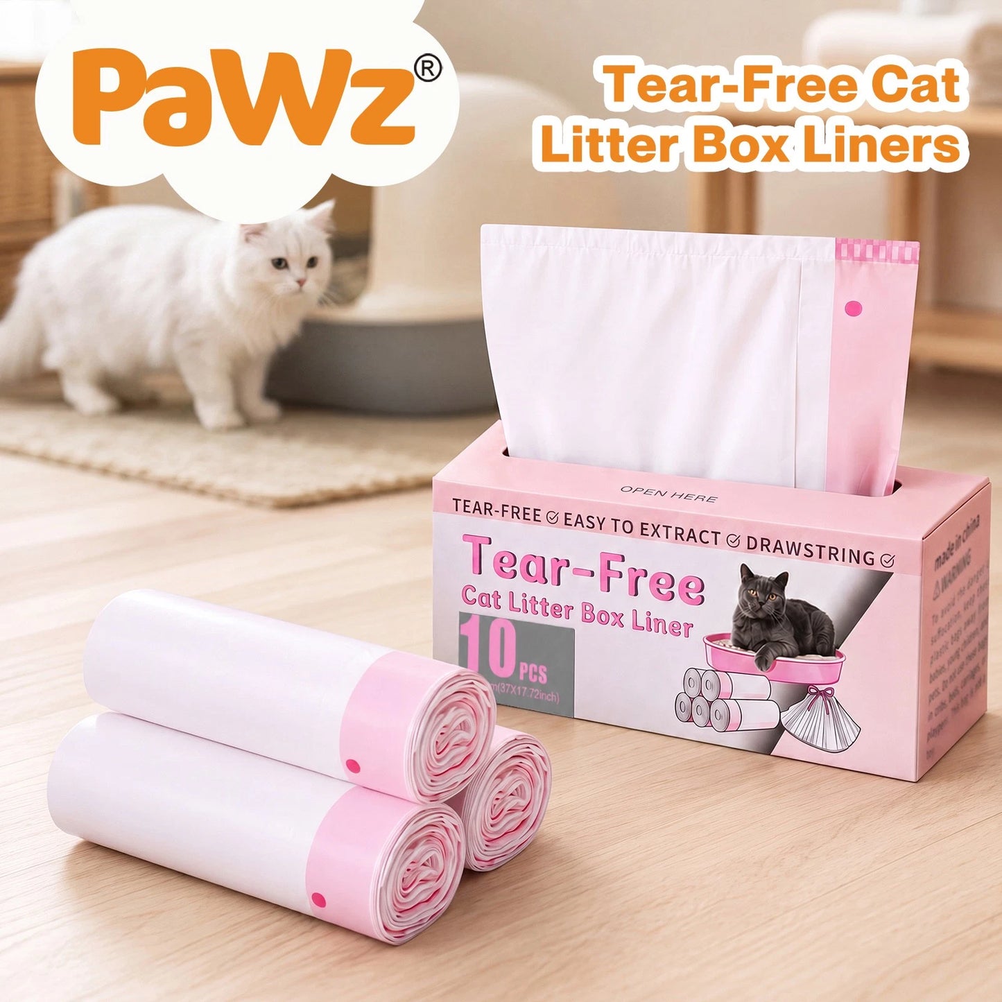 Pawz Cat Litter Bags 30 Pcs 94 x 45cm Drawstring 10kg HDPE White Pink