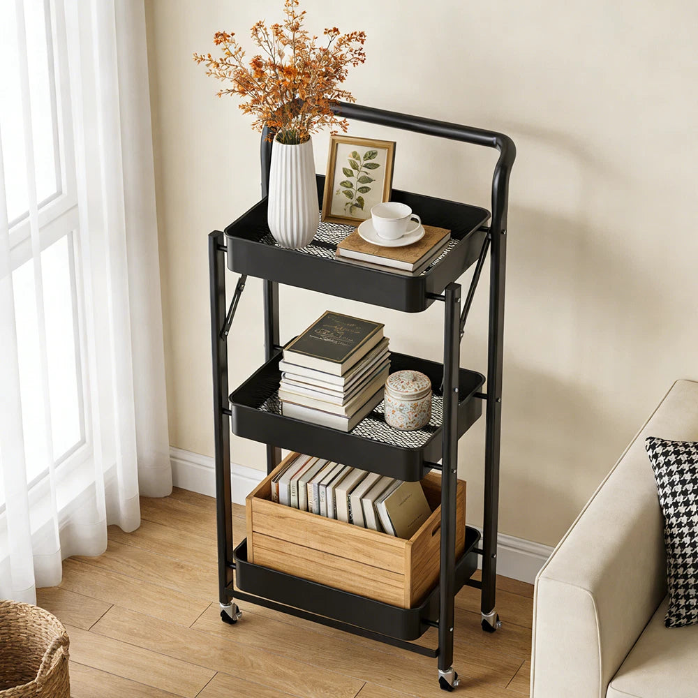 Foldable Storage Trolley Kitchen Cart 3 Tiers Rack Shelf Organiser Wheels Basket