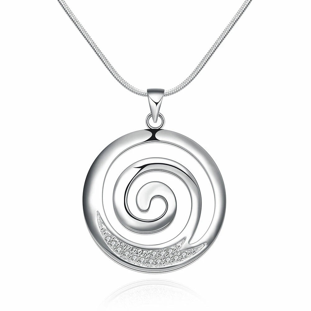 Stunning New 925 Sterling Silver Filled Spiral Pendant Necklace With Zircon