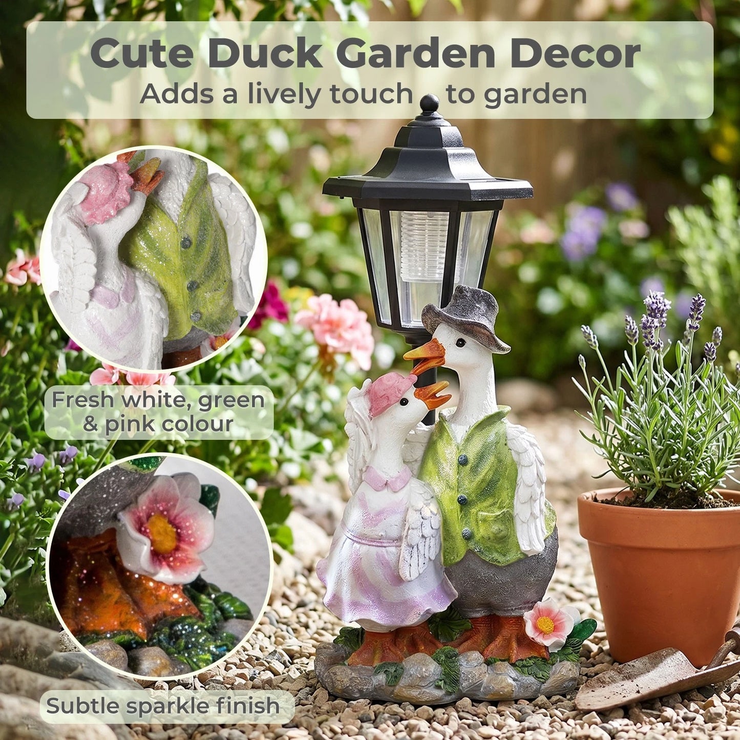 Emitto Duck Statue Solar Light Garden Resin White Green Pink