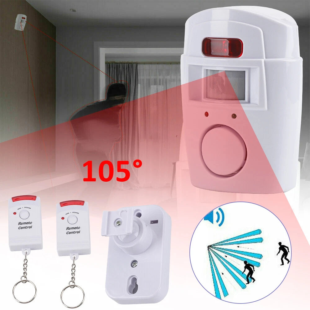 2 x Wireless PIR Motion Sensor Alarm & Remote Controls Home Caravan Garage Shed
