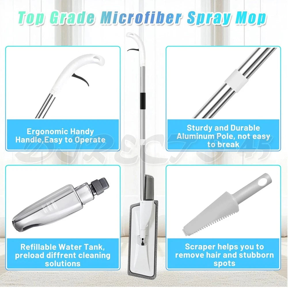 Spray Mop Microfibre Flat Mop Cleaner Floor Kitchen Bathroom Cleaner with 6 Mops