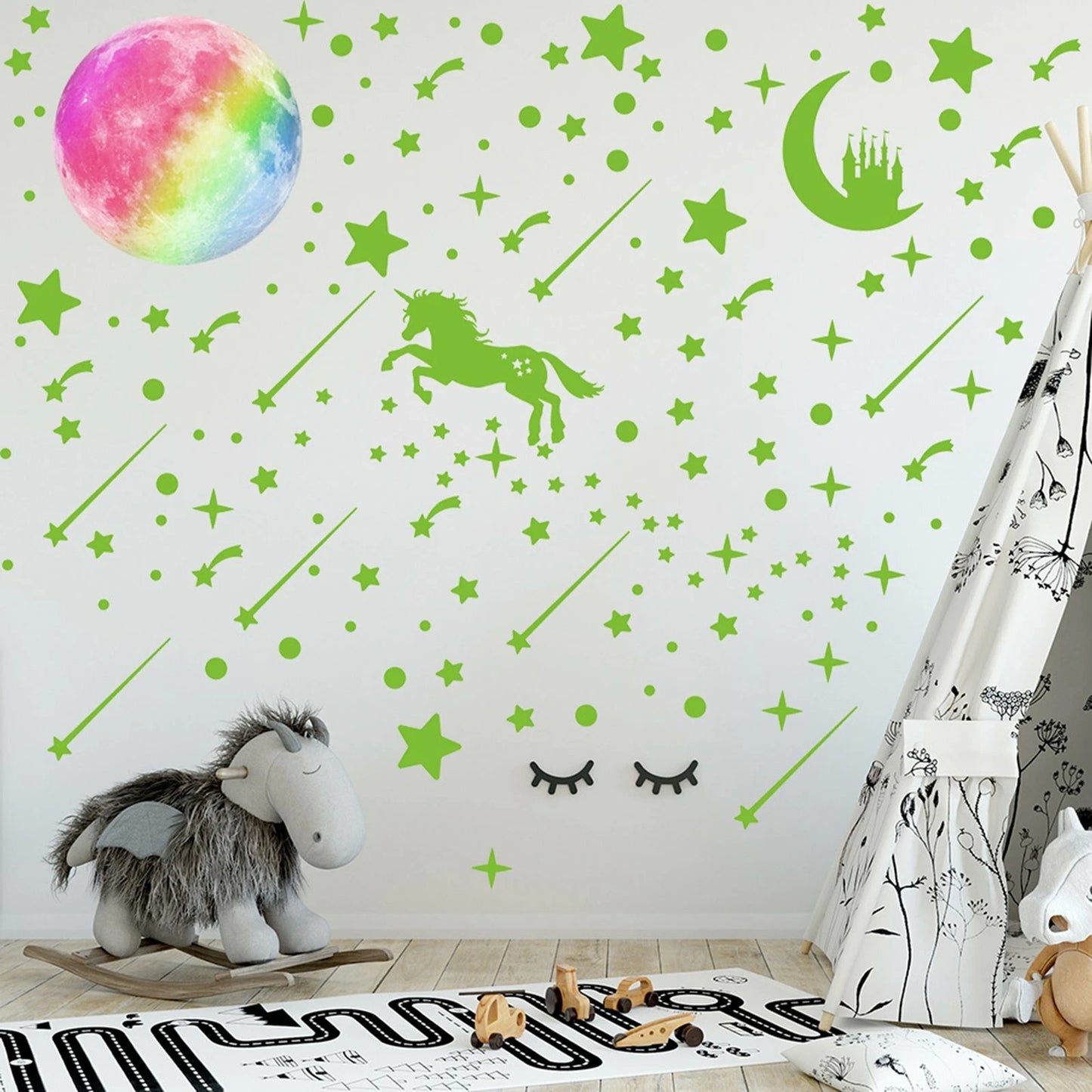 297pcs Glow In The Dark Rainbow Moon Stars  Unicorn Wall Sticker Kids Room Decor
