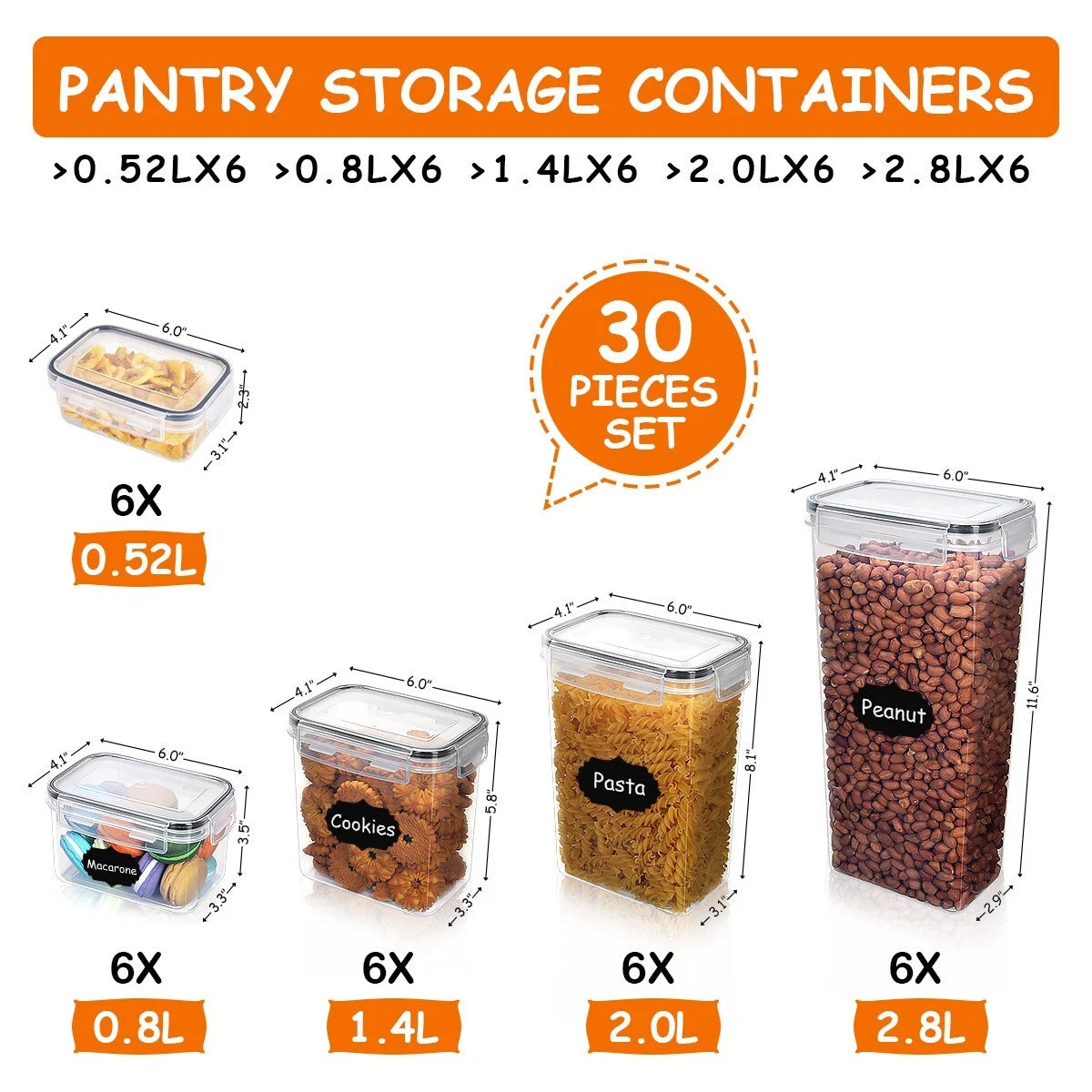 16/30/42 Pcs Airtight Food Storage Containers Kitchen Dry Food Pantry Organizer