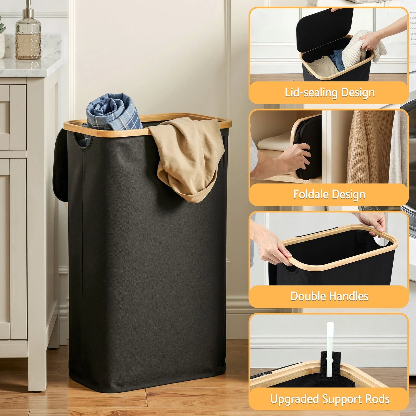 Artiss Laundry Basket with Removable Bag Foldable Clothes Hamper Black 60L