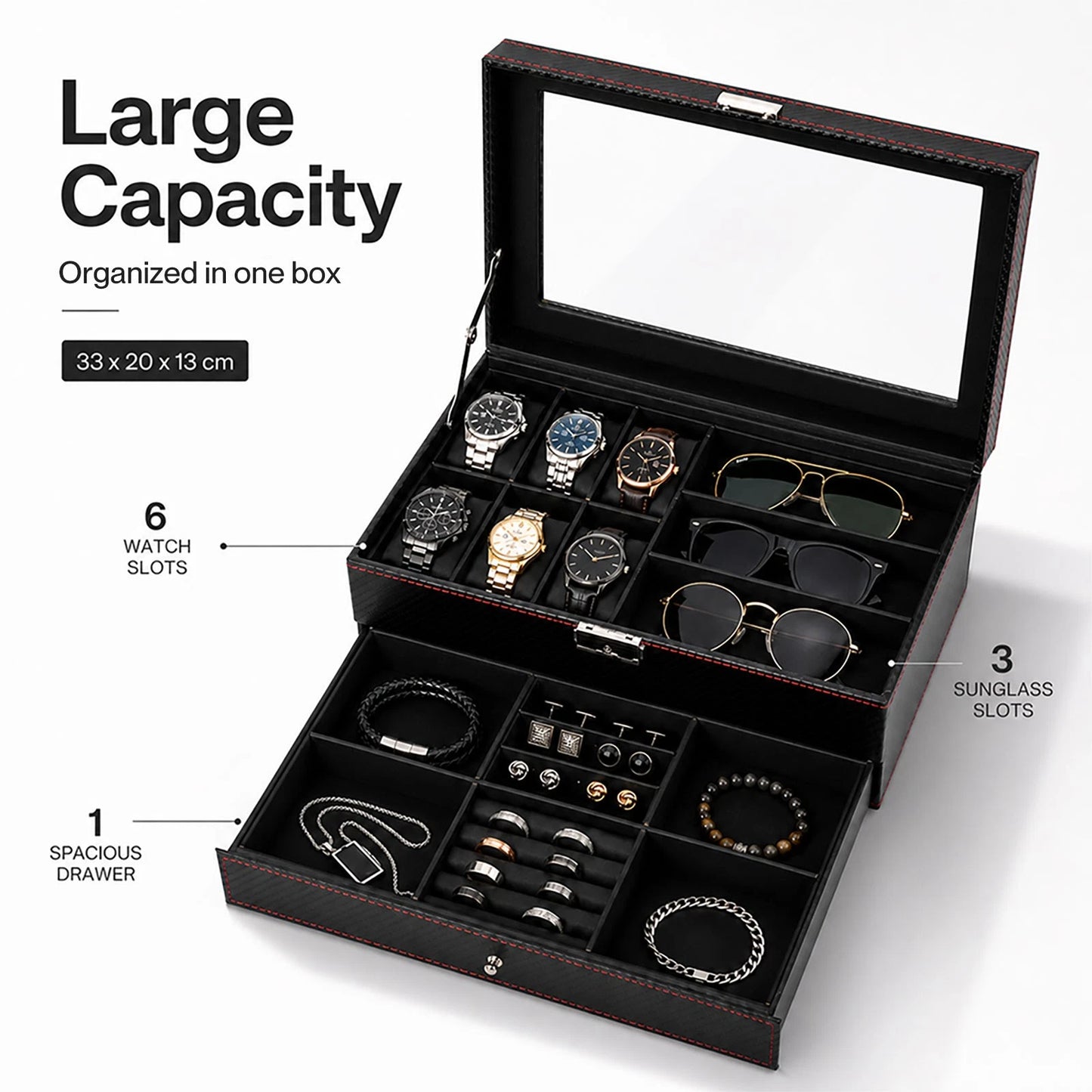 Watch Box 6 Slot Watch Case Jewelry Box PU Leather with Drawer Black