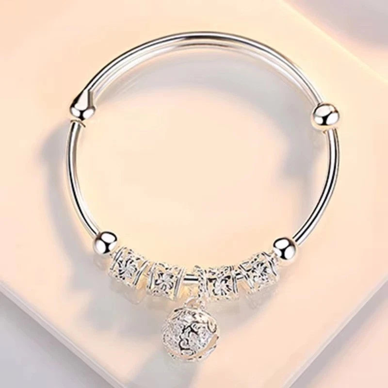 925 Sterling Silver Hollow Bell Bangle – Adjustable Bracelet for Women