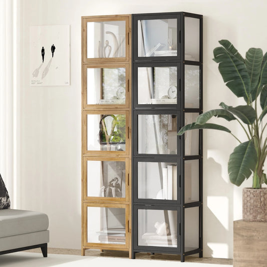 Oikiture Display Cabinet 5-Tier Slim Storage Shelves Clear Bookcase Rack