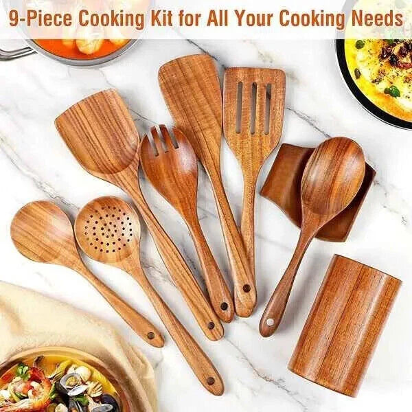 Natural Wooden Kitchen Utensil with Spoon Rest Holder 9pcs Cooking Spoon Set