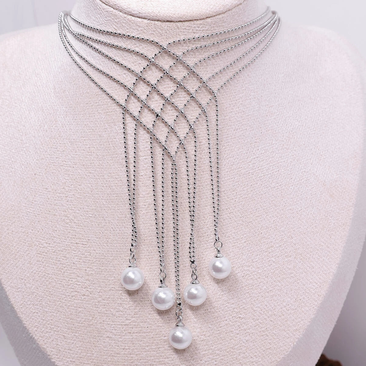 Hollow Imitation Pearl Fringe Multi Layer Necklace Fashion Jewellery for Women