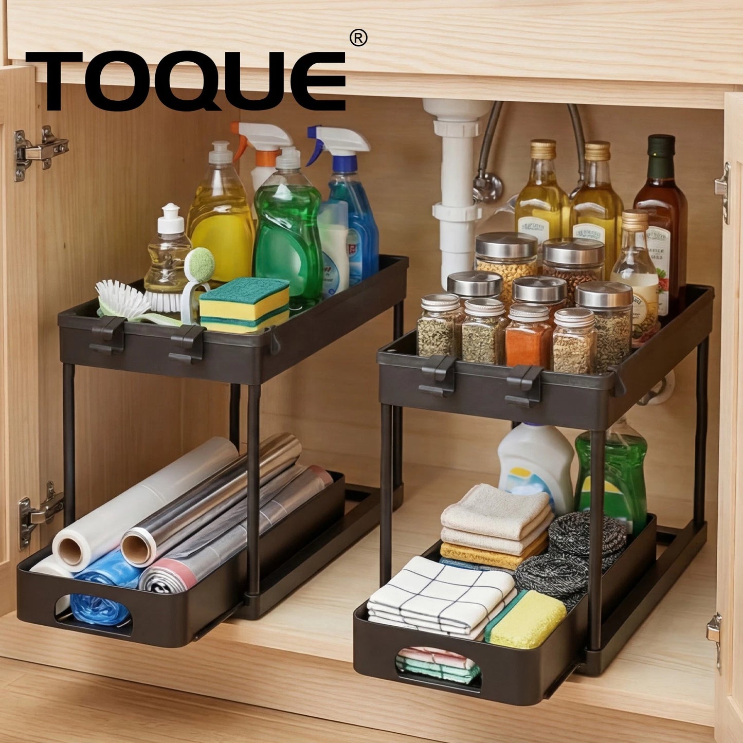 Toque 2 x Under Sink Organizer 2 Tiers Storage Sliding Drainage Kitchen Bathroom