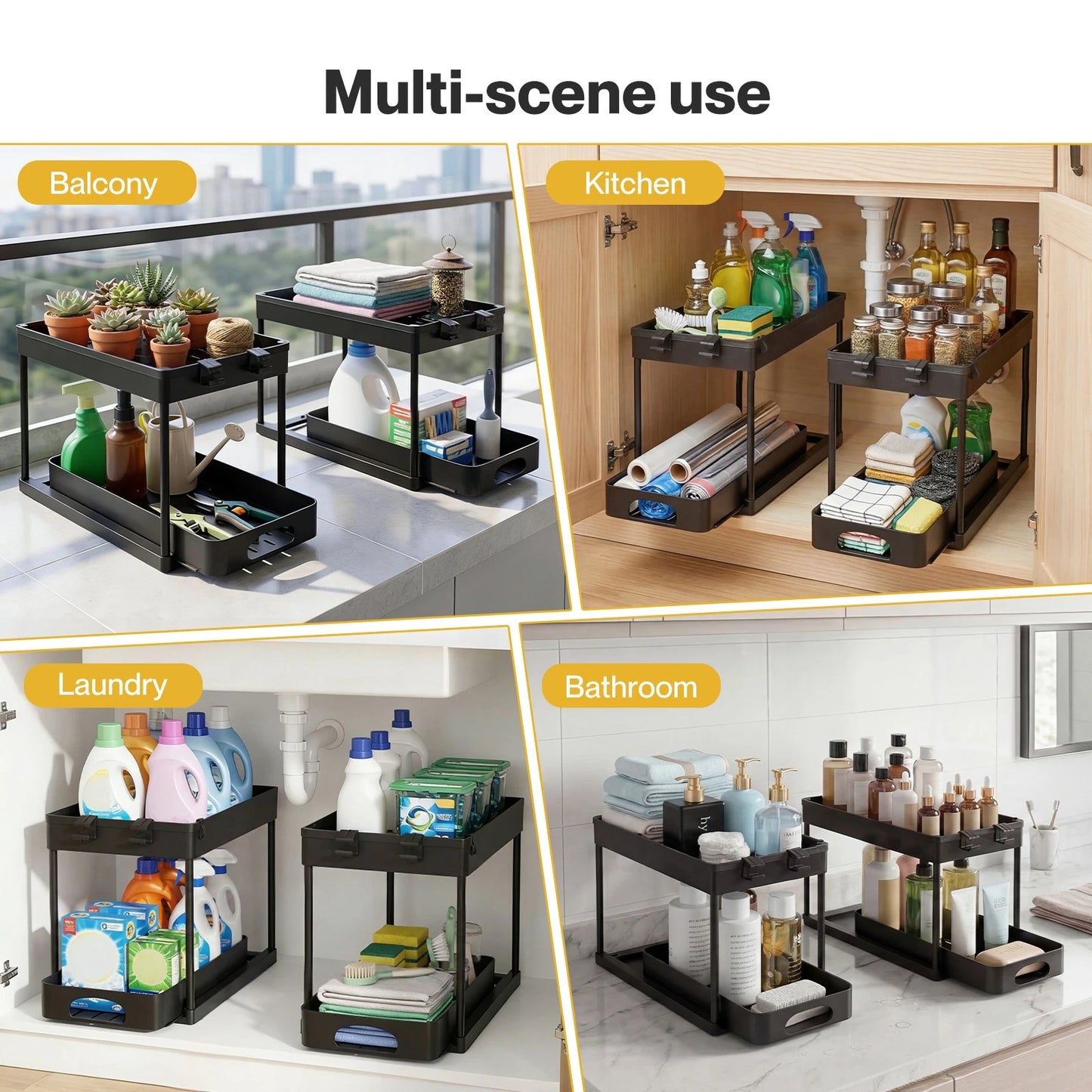 Toque 2 x Under Sink Organizer 2 Tiers Storage Sliding Drainage Kitchen Bathroom