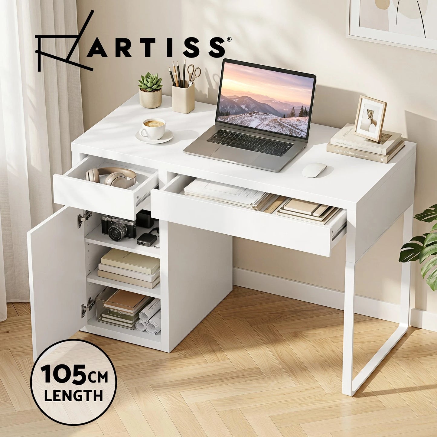 Artiss Computer Desk Drawer Cabinet Home Office Study Table White 105CM