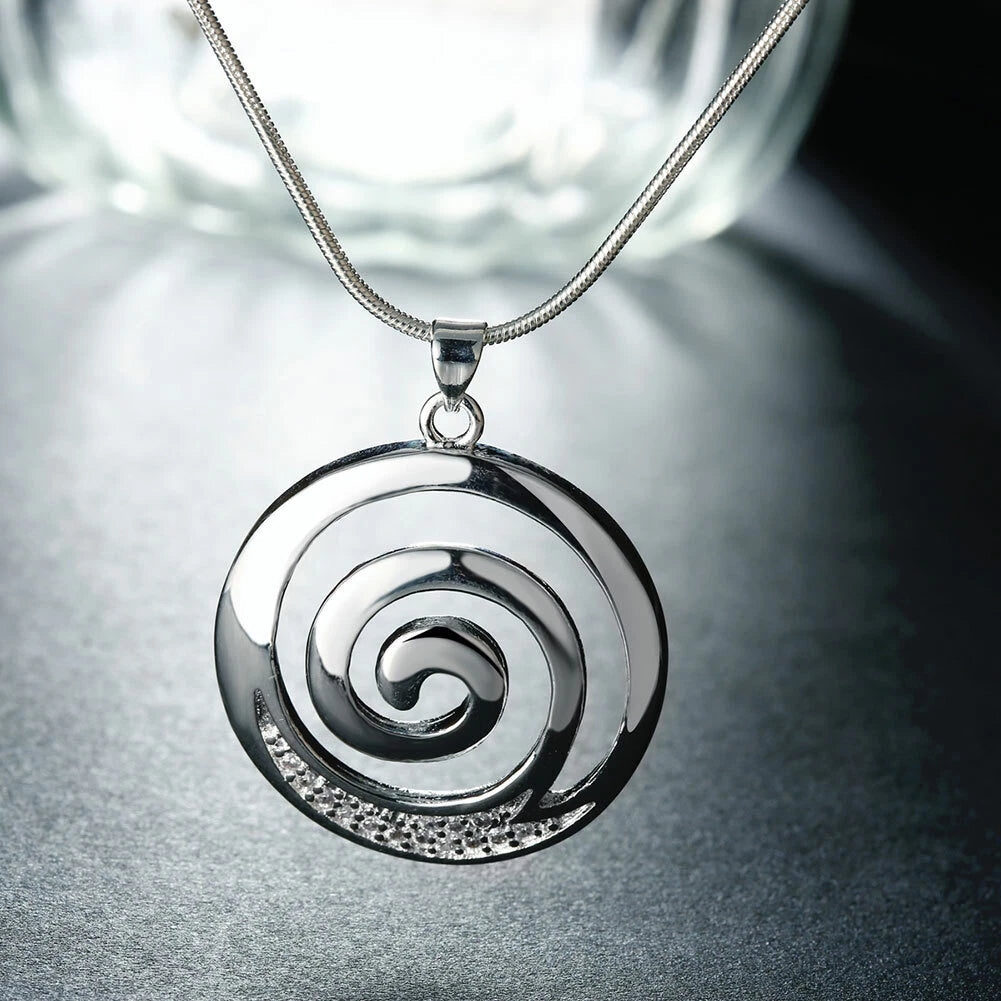 Stunning New 925 Sterling Silver Filled Spiral Pendant Necklace With Zircon