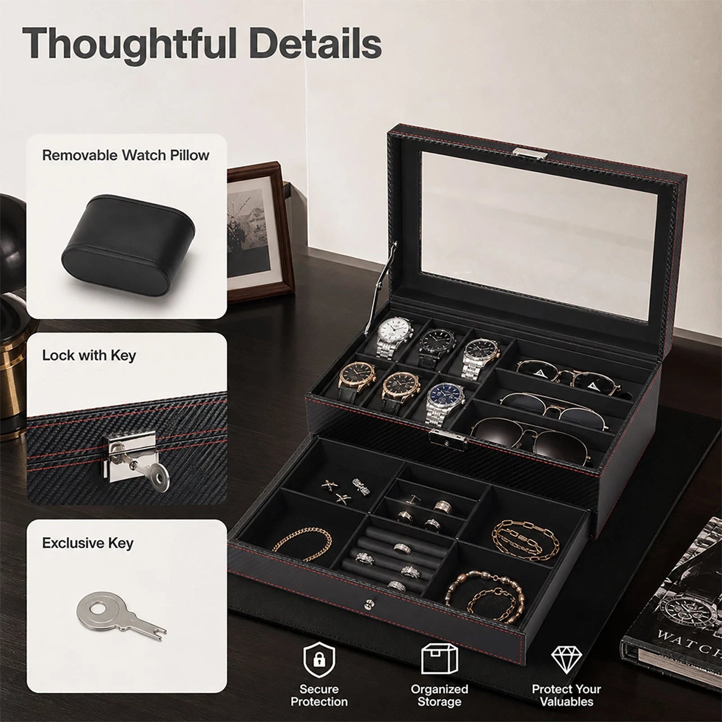 Watch Box 6 Slot Watch Case Jewelry Box PU Leather with Drawer Black