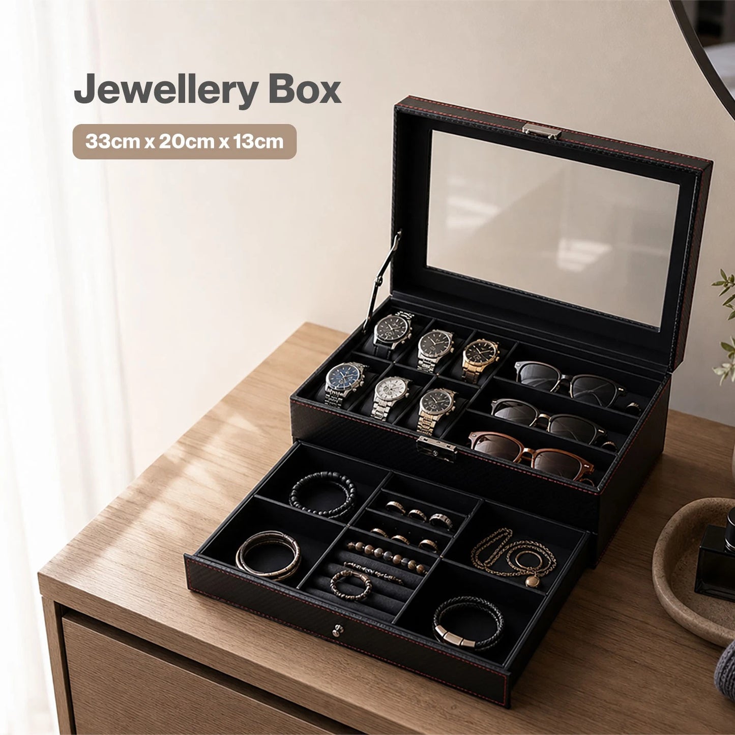 Watch Box 6 Slot Watch Case Jewelry Box PU Leather with Drawer Black