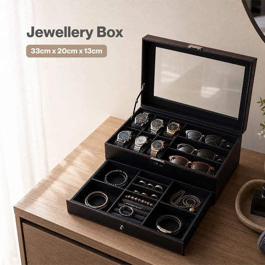 Watch Box 6 Slot Watch Case Jewelry Box PU Leather with Drawer Black