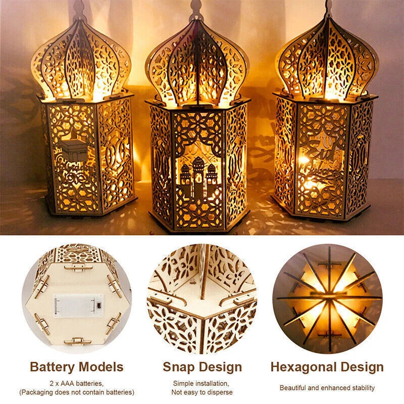 Eid Mubarak Muslim Led Night Lamp Ramadan Decoration Light Wooden Lantern Gift