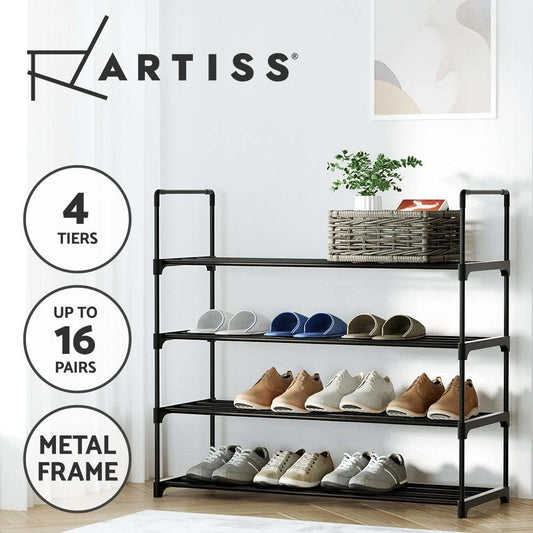 Artiss Shoe Rack Storage Cabinet Stackable Shelves Stand 4 Tiers 16 Pairs Black