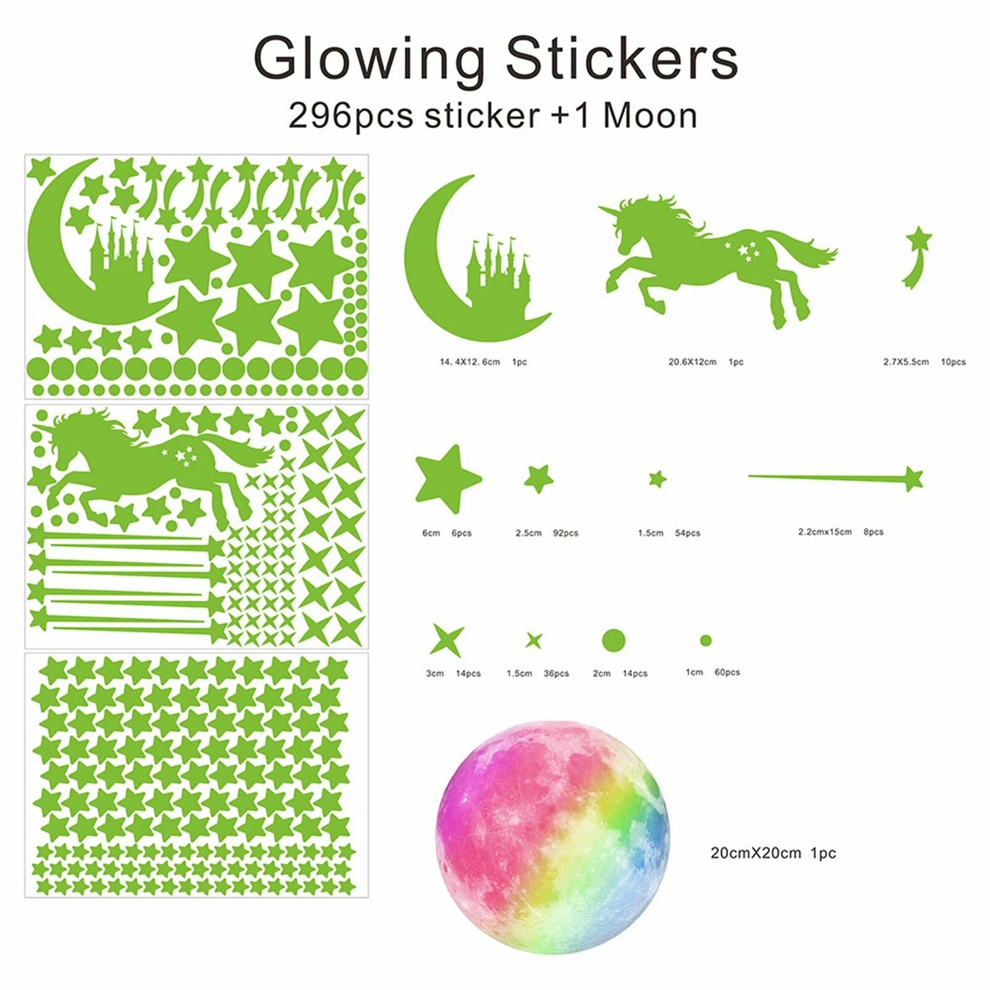 297pcs Glow In The Dark Rainbow Moon Stars  Unicorn Wall Sticker Kids Room Decor