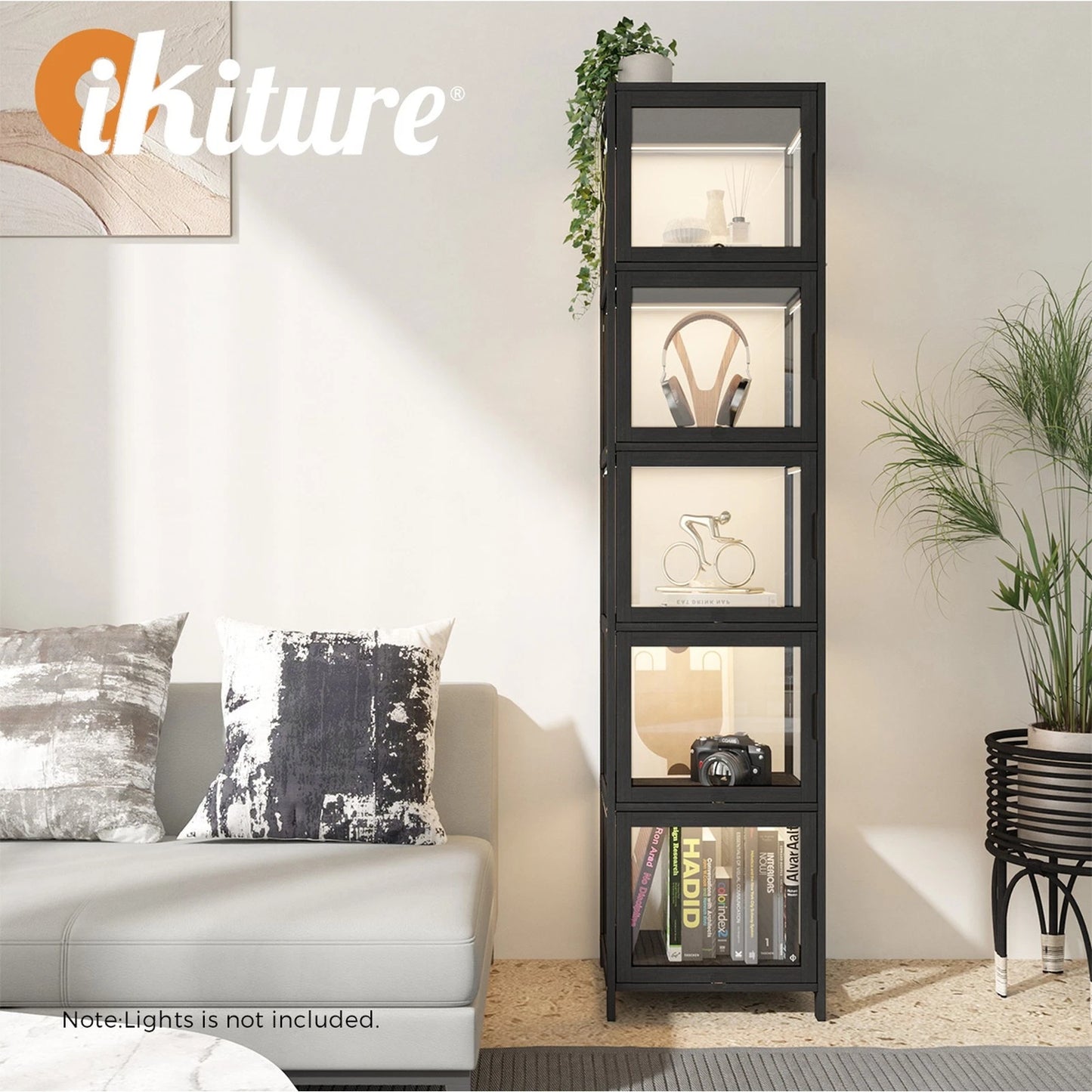 Oikiture Display Cabinet 5-Tier Slim Storage Shelves Clear Bookcase Rack