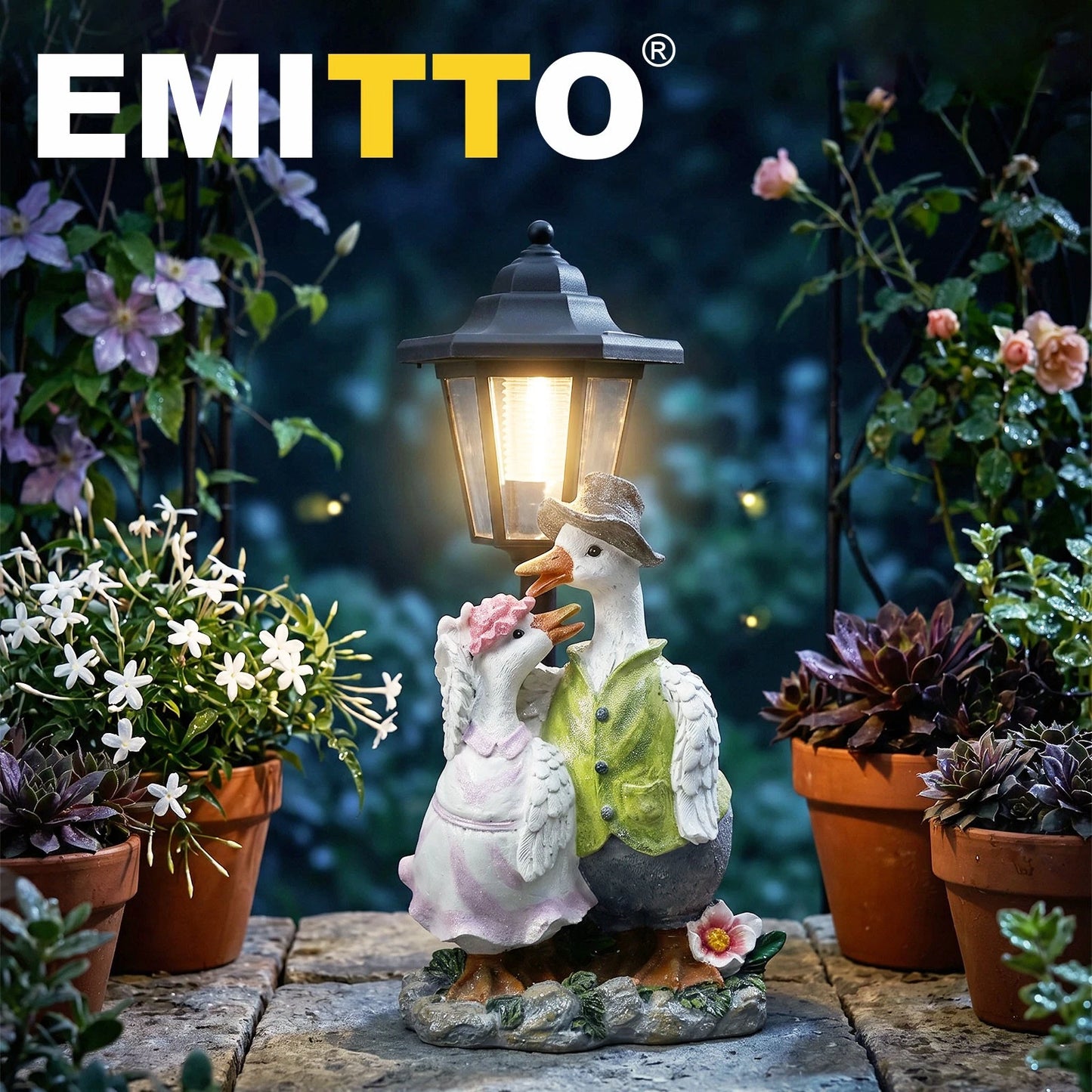 Emitto Duck Statue Solar Light Garden Resin White Green Pink