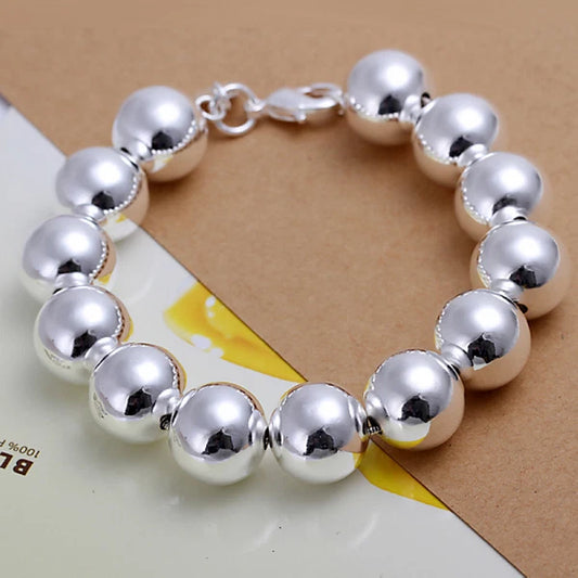 Women Man 925 Sterling Silver Filled 14mm Big Ball Chain Bead Bracelet Jewelry